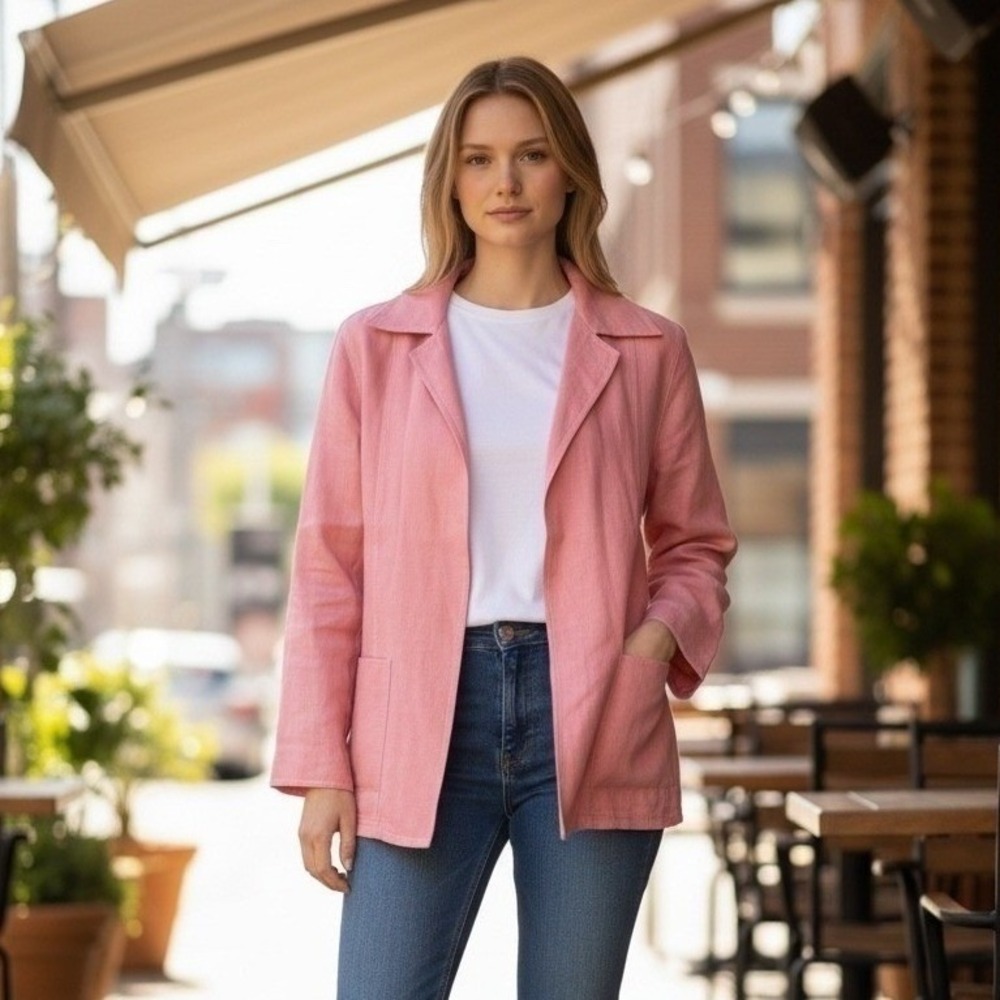 Linda Allard Ellen Tracy Pink 100% Linen Open Front Blazer Jacket Petite 8‎ 8P